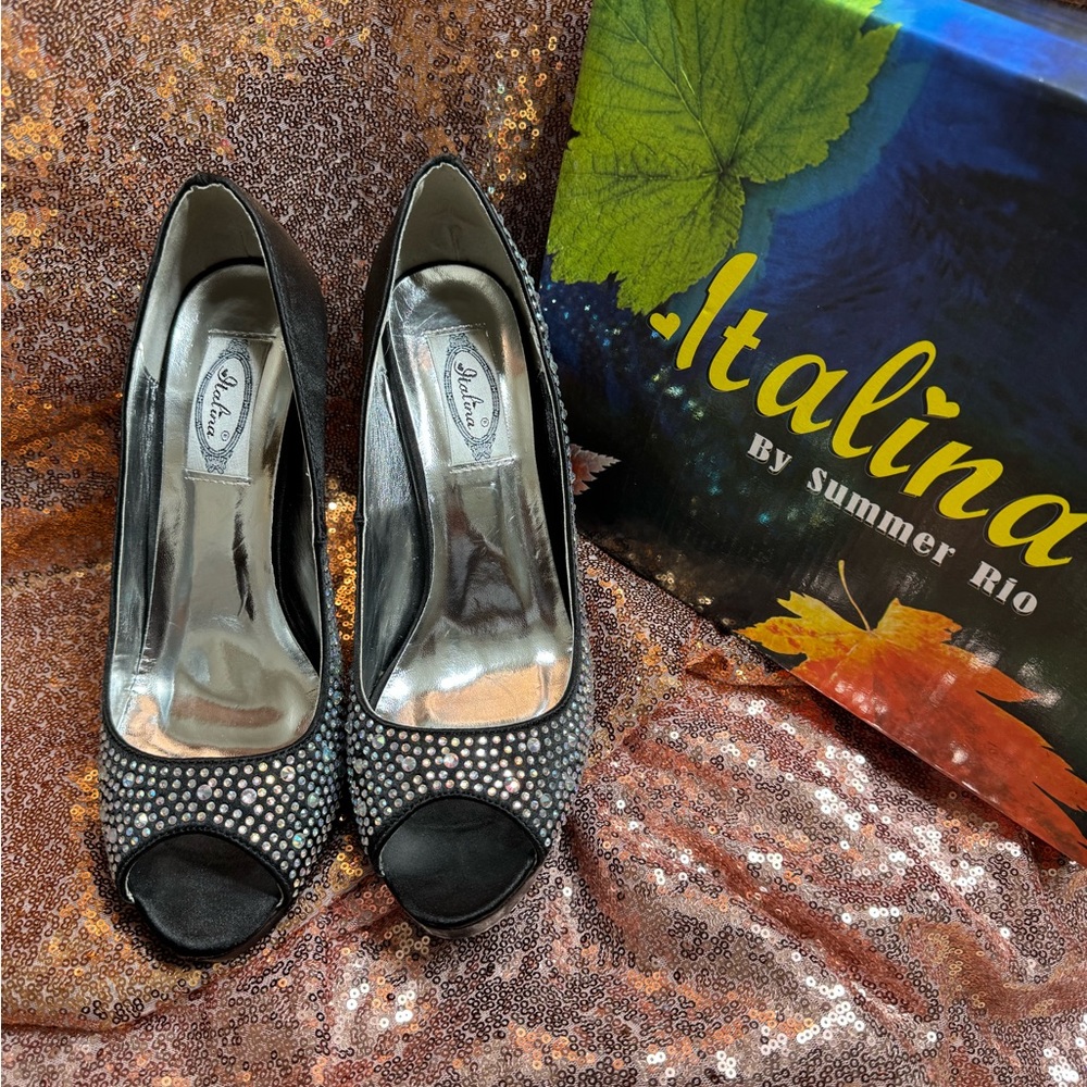 Rhinestone peep toe pumps